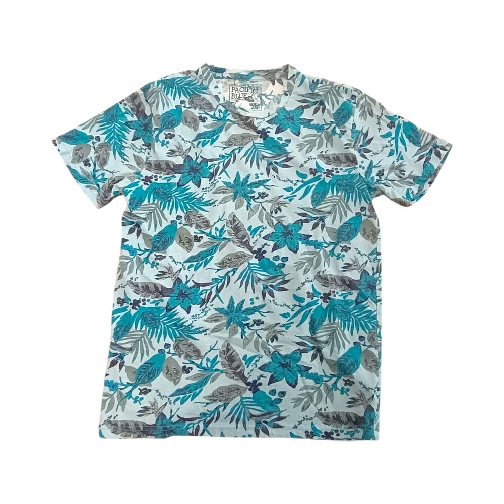 Pacific Blue Tropical Floral Print Shorts in Teal & Gray Short Sleeve tshirts L